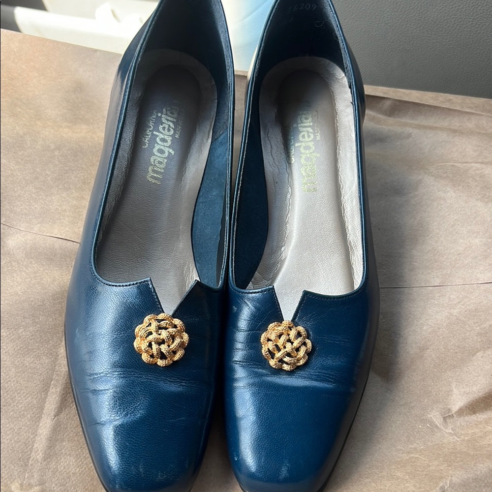 Women's Blue Leather Shoes with Gold Accent